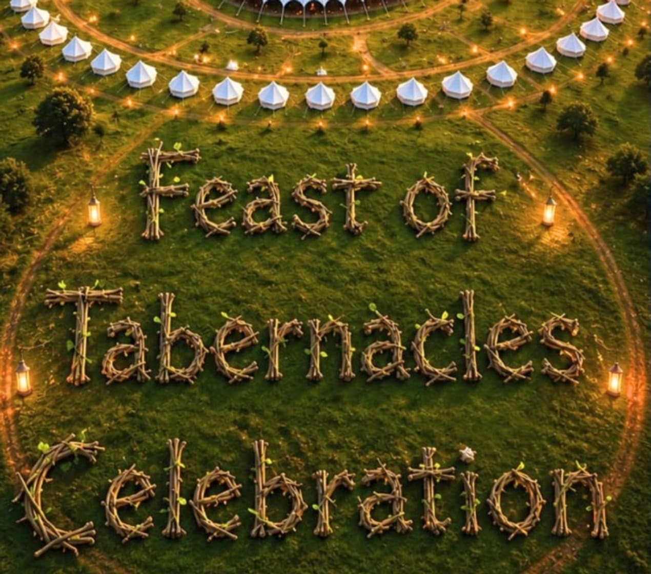 Lantern lit field with tents in a circle and the words Feast of Tabernacles Celebration laid out in branches