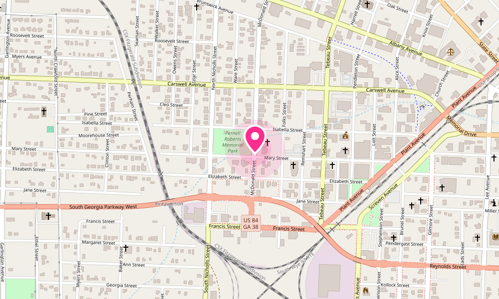 Street map of Waycross, Georgia with a pin on Mary Street Park, between Carswell Avenue and South Georgia Parkway